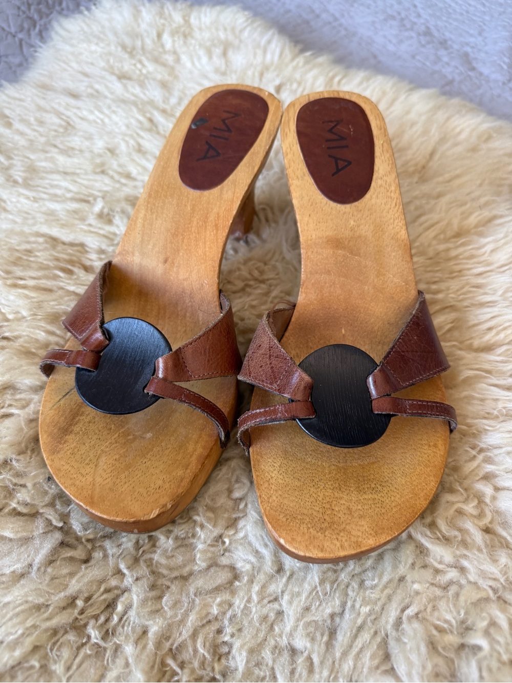 Vintage MIA Wood Leather Slide Heel Sandals Y2K